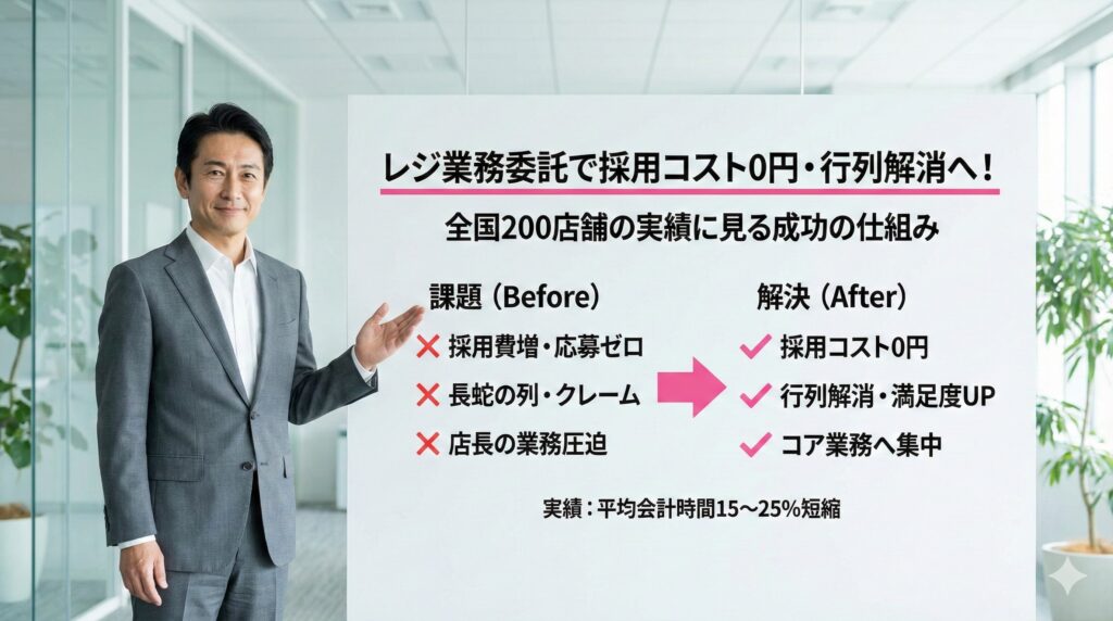 レジ業務委託で採用コスト0円・行列解消へ！全国200店舗の実績に見る成功の仕組み